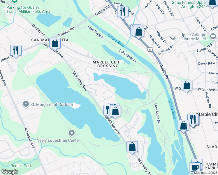 map of restaurants, bars, coffee shops, grocery stores, and more near 2564 Quarry Lake Drive in Columbus