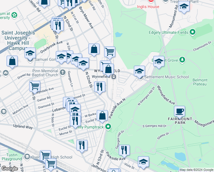 map of restaurants, bars, coffee shops, grocery stores, and more near 5001 Gainor Road in Philadelphia