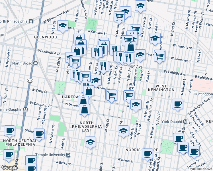 map of restaurants, bars, coffee shops, grocery stores, and more near 2506 North Marshall Street in Philadelphia