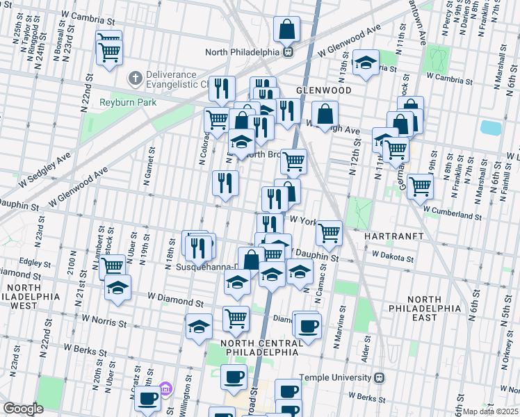 map of restaurants, bars, coffee shops, grocery stores, and more near 2407 North 15th Street in Philadelphia