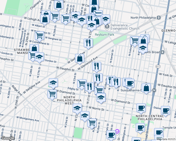 map of restaurants, bars, coffee shops, grocery stores, and more near 2313 North Beechwood Street in Philadelphia