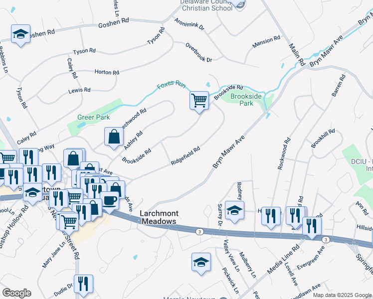 map of restaurants, bars, coffee shops, grocery stores, and more near 136 Ridgefield Road in Newtown Square