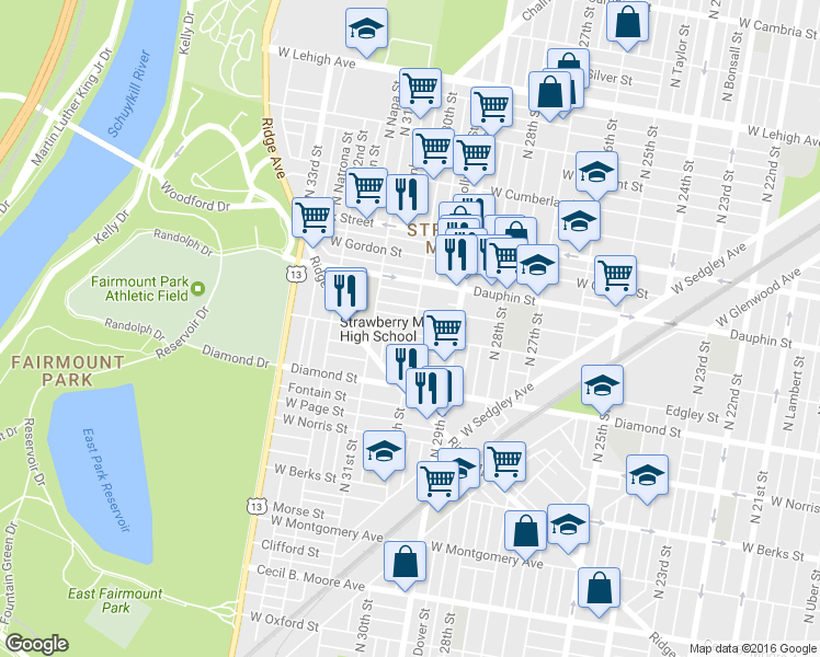 map of restaurants, bars, coffee shops, grocery stores, and more near 3003 West Susquehanna Avenue in Philadelphia