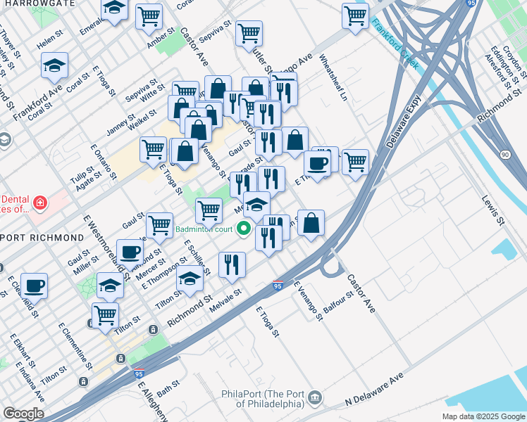 map of restaurants, bars, coffee shops, grocery stores, and more near 3620 East Thompson Street in Philadelphia