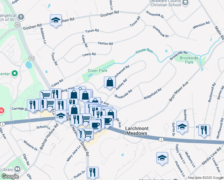 map of restaurants, bars, coffee shops, grocery stores, and more near 116 Ashley Road in Newtown Square