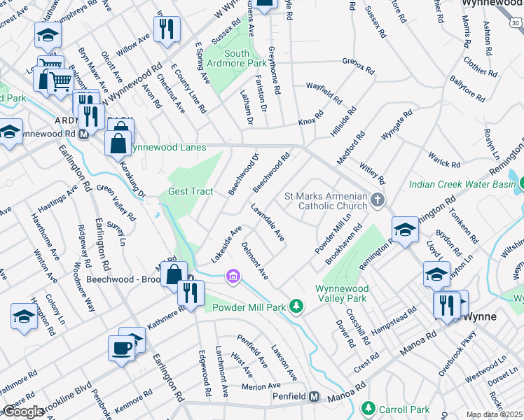 map of restaurants, bars, coffee shops, grocery stores, and more near 1620 Delmont Avenue in Havertown