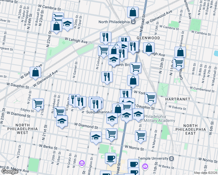 map of restaurants, bars, coffee shops, grocery stores, and more near N 16th St & W York St in Philadelphia