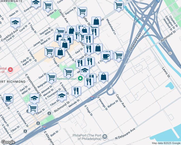 map of restaurants, bars, coffee shops, grocery stores, and more near 3644 Edgemont Street in Philadelphia