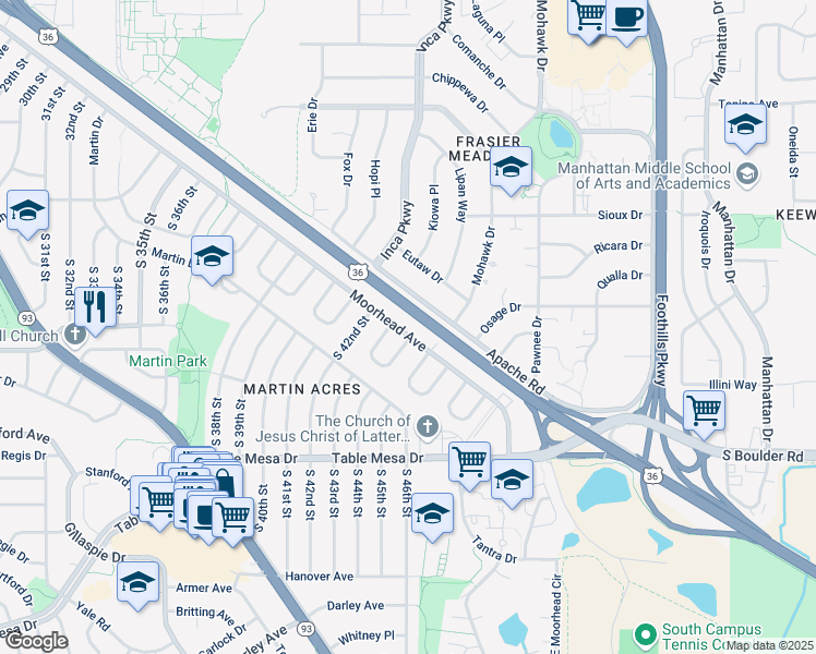 map of restaurants, bars, coffee shops, grocery stores, and more near 4365 Moorhead Avenue in Boulder