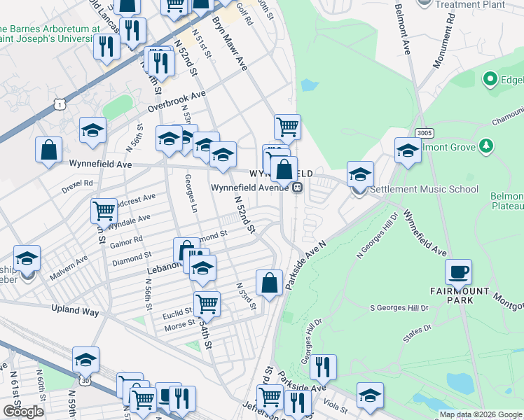 map of restaurants, bars, coffee shops, grocery stores, and more near 5104 Gainor Road in Philadelphia