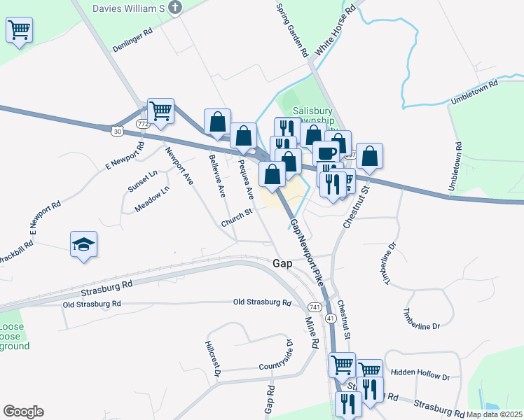 map of restaurants, bars, coffee shops, grocery stores, and more near 803 Pequea Avenue in Gap