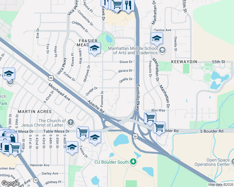 map of restaurants, bars, coffee shops, grocery stores, and more near 4800 Osage Drive in Boulder