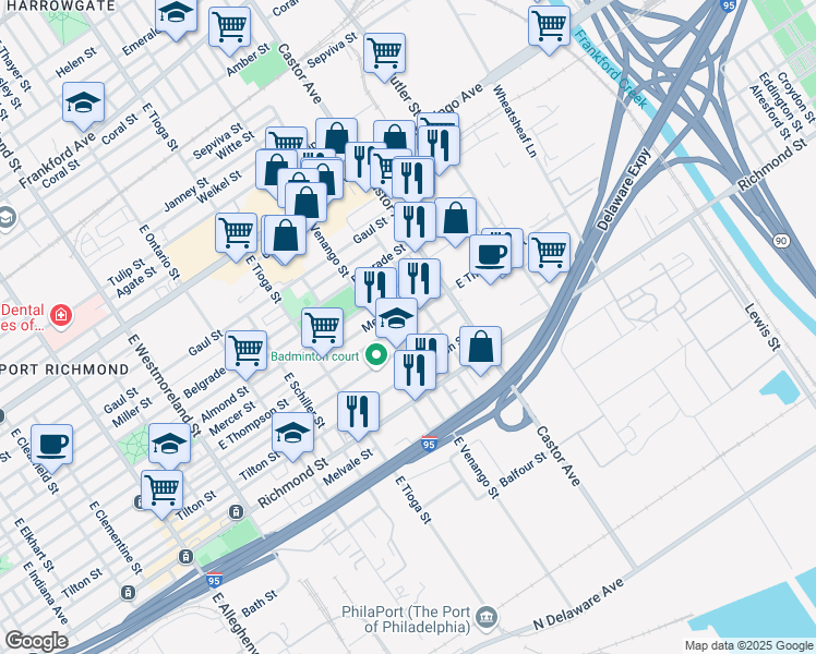 map of restaurants, bars, coffee shops, grocery stores, and more near 3620 East Thompson Street in Philadelphia