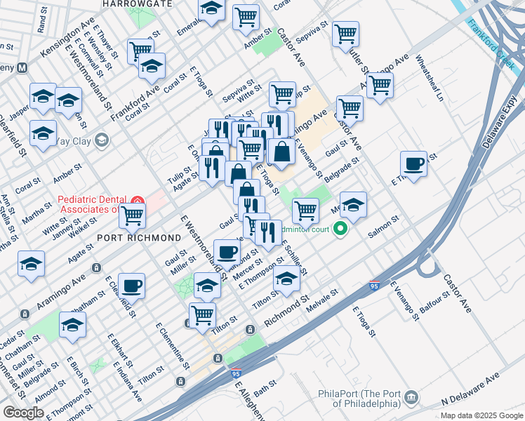 map of restaurants, bars, coffee shops, grocery stores, and more near 2506 East Schiller Street in Philadelphia