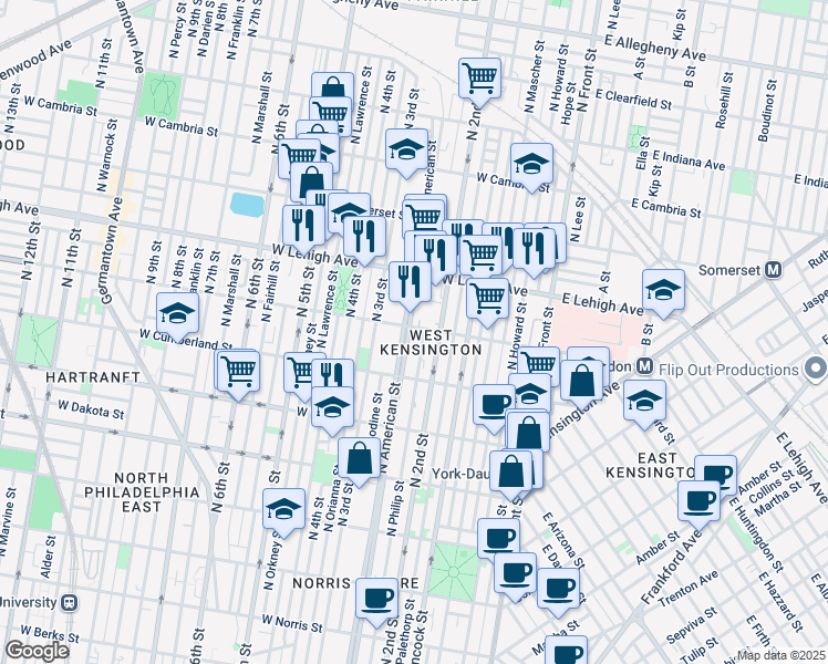 map of restaurants, bars, coffee shops, grocery stores, and more near 220 West Huntingdon Street in Philadelphia