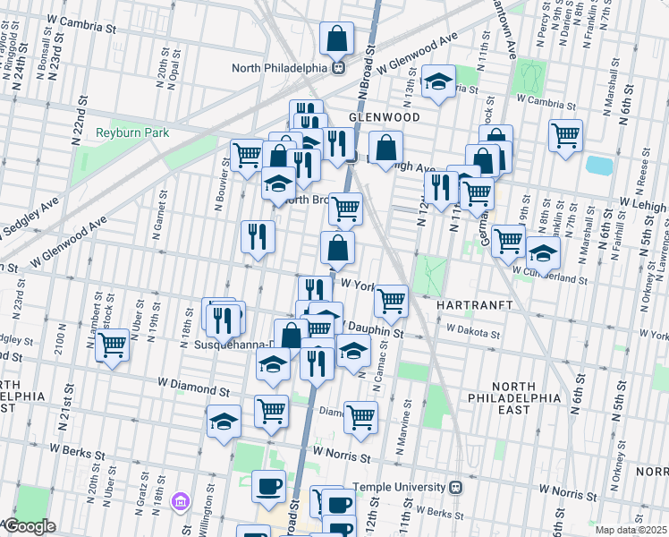 map of restaurants, bars, coffee shops, grocery stores, and more near 2415 North Carlisle Street in Philadelphia