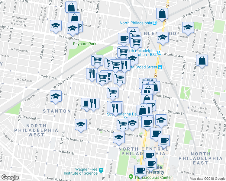 map of restaurants, bars, coffee shops, grocery stores, and more near 2400 North 17th Street in Philadelphia