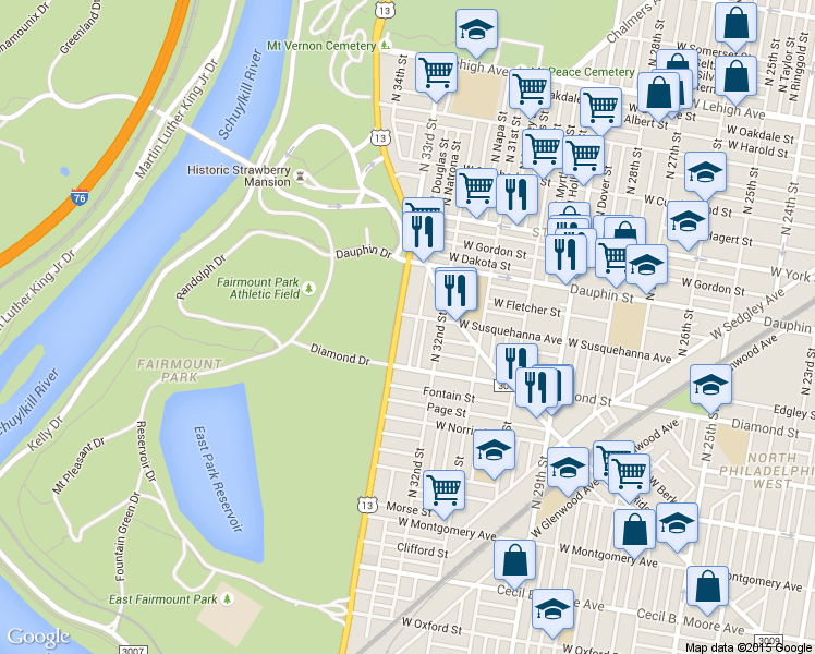 map of restaurants, bars, coffee shops, grocery stores, and more near 3224 West Susquehanna Avenue in Philadelphia