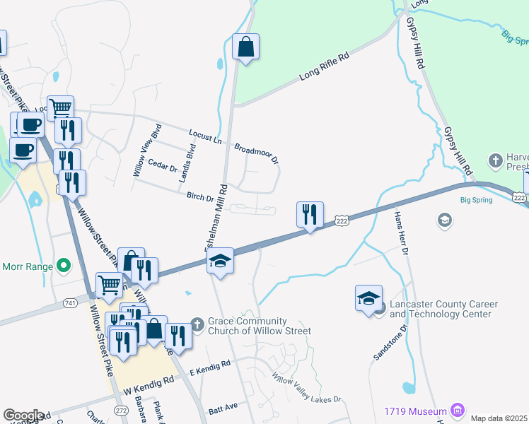 map of restaurants, bars, coffee shops, grocery stores, and more near 508 Babylon Court in Willow Street