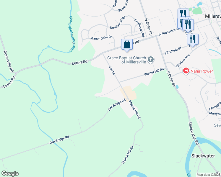map of restaurants, bars, coffee shops, grocery stores, and more near 24 Red Bud Drive in Millersville