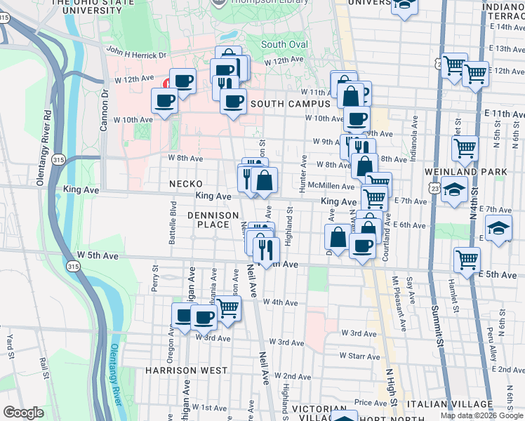 map of restaurants, bars, coffee shops, grocery stores, and more near in Columbus
