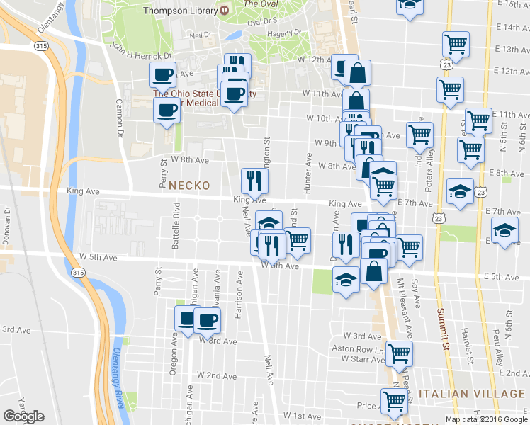 map of restaurants, bars, coffee shops, grocery stores, and more near in Columbus
