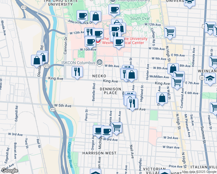 map of restaurants, bars, coffee shops, grocery stores, and more near 1412 Michigan Avenue in Columbus