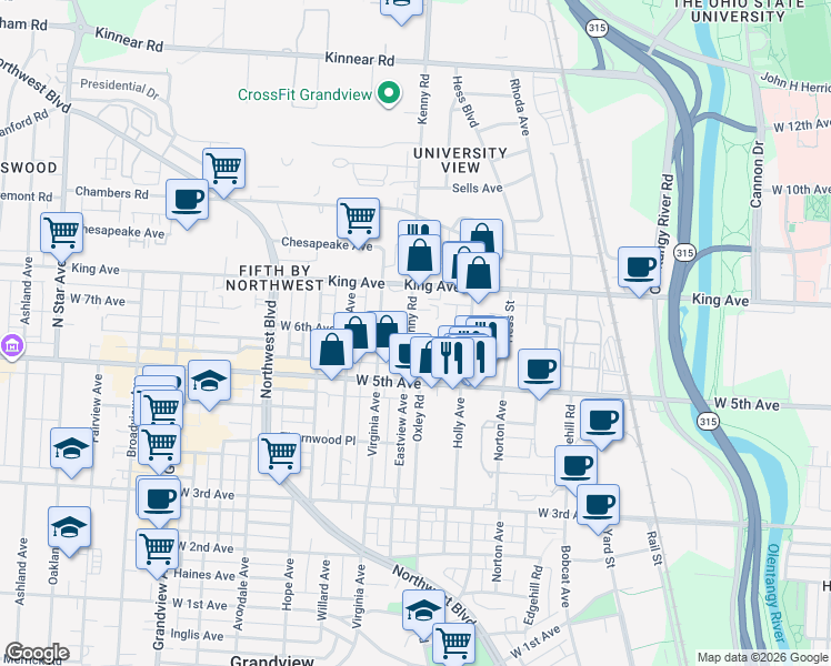 map of restaurants, bars, coffee shops, grocery stores, and more near 1518 Kenny Road in Columbus