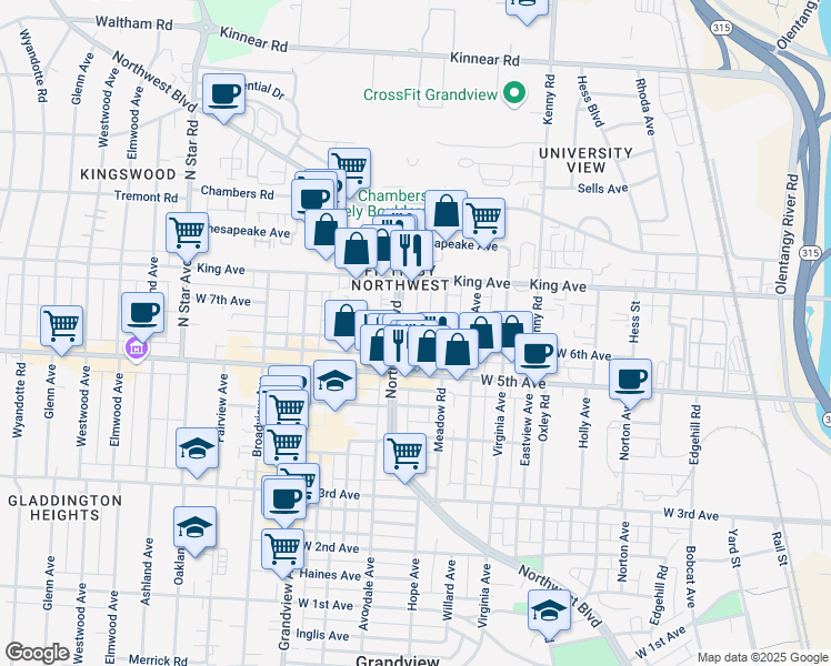 map of restaurants, bars, coffee shops, grocery stores, and more near 1247 West 6th Avenue in Columbus