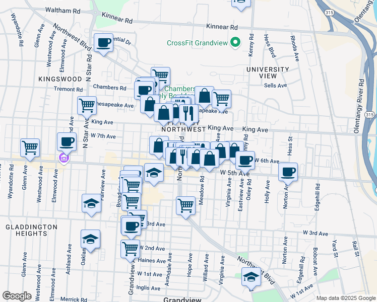 map of restaurants, bars, coffee shops, grocery stores, and more near 1247 West 6th Avenue in Columbus