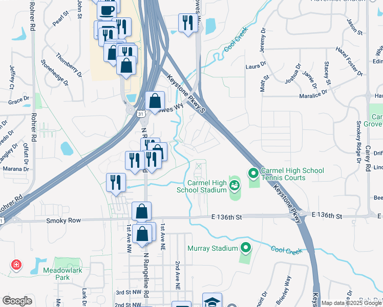 map of restaurants, bars, coffee shops, grocery stores, and more near 124 Trail View Drive in Carmel