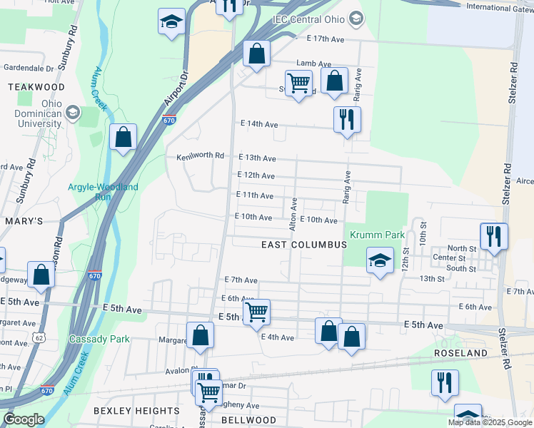 map of restaurants, bars, coffee shops, grocery stores, and more near 2890 East 10th Avenue in Columbus