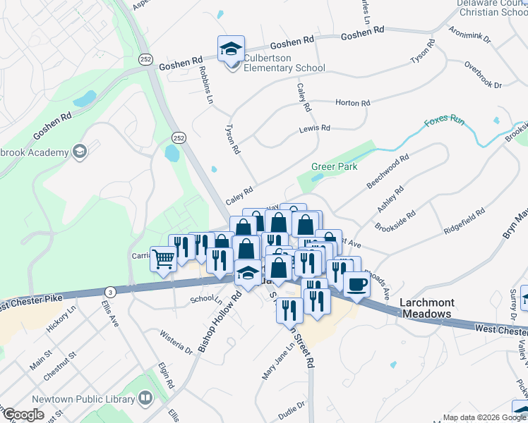 map of restaurants, bars, coffee shops, grocery stores, and more near Winding Way in Newtown Square