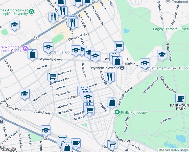 map of restaurants, bars, coffee shops, grocery stores, and more near 5241 Gainor Road in Philadelphia