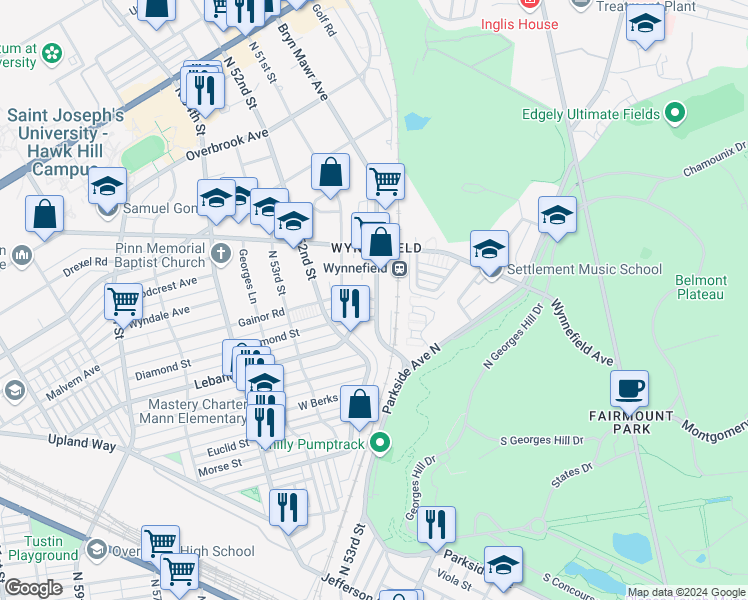 map of restaurants, bars, coffee shops, grocery stores, and more near 5007 Gainor Road in Philadelphia