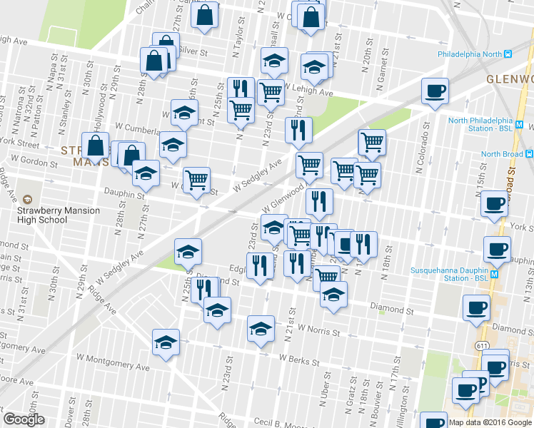 map of restaurants, bars, coffee shops, grocery stores, and more near 2225 Dauphin Street in Philadelphia