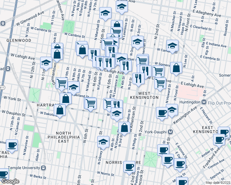 map of restaurants, bars, coffee shops, grocery stores, and more near 2533 North Lawrence Street in Philadelphia