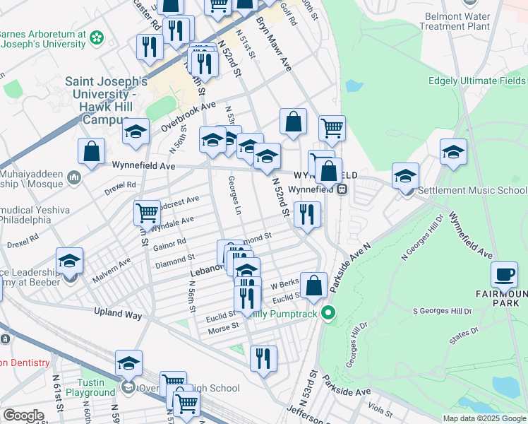 map of restaurants, bars, coffee shops, grocery stores, and more near 5241 Gainor Road in Philadelphia