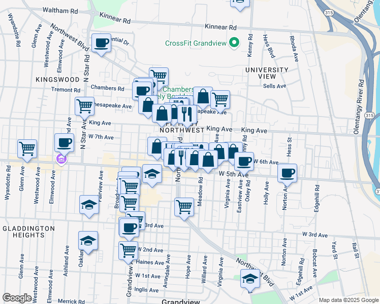 map of restaurants, bars, coffee shops, grocery stores, and more near 1247 West 6th Avenue in Columbus
