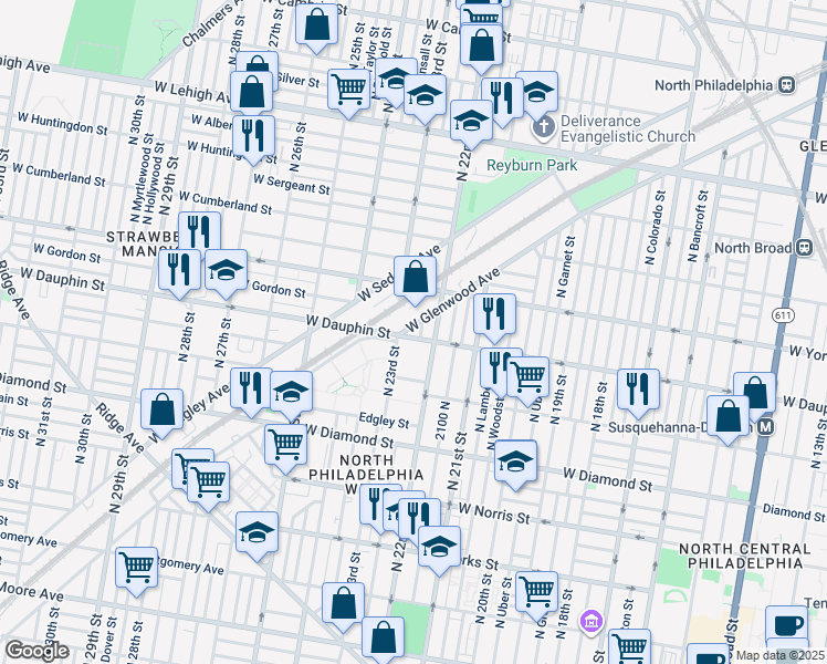 map of restaurants, bars, coffee shops, grocery stores, and more near 2225 Dauphin Street in Philadelphia