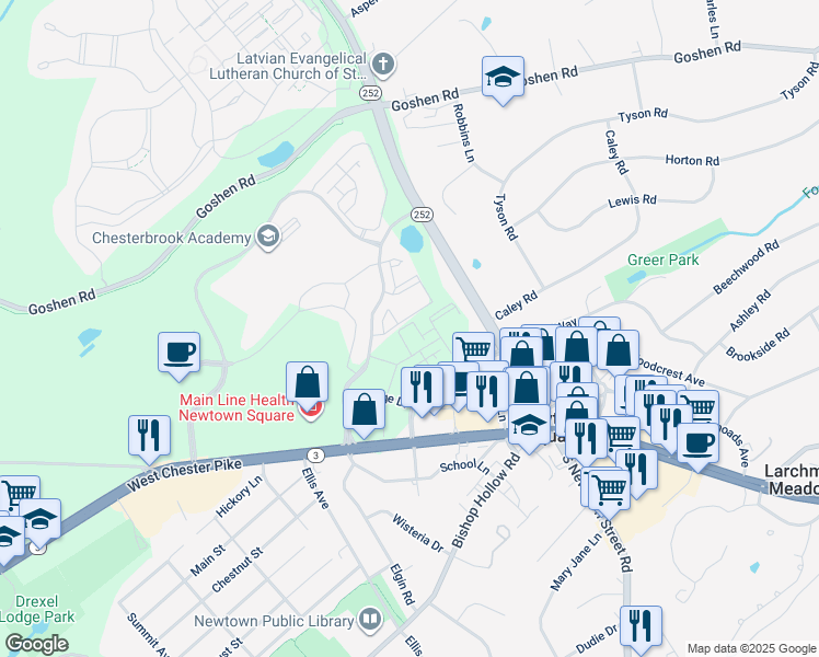 map of restaurants, bars, coffee shops, grocery stores, and more near 353 Horseshoe Trail in Delaware County