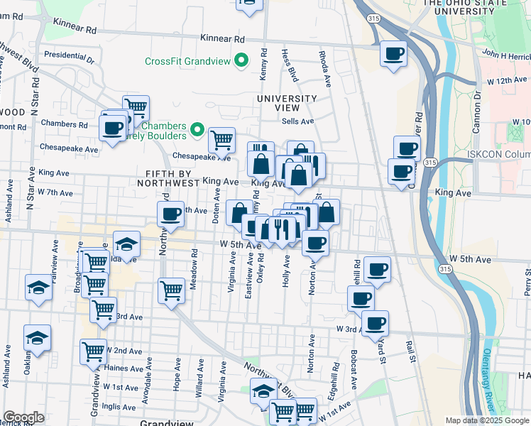 map of restaurants, bars, coffee shops, grocery stores, and more near 1518 Kenny Road in Columbus