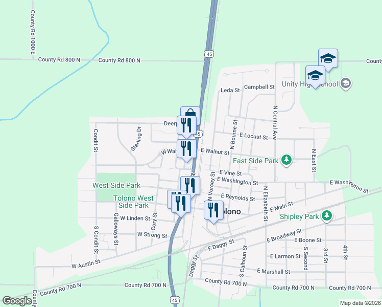 map of restaurants, bars, coffee shops, grocery stores, and more near 413 North Long Street in Tolono