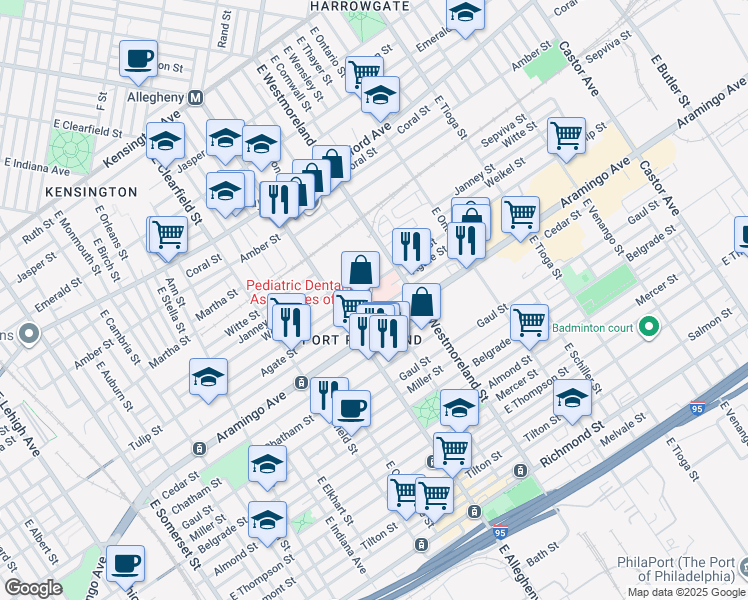 map of restaurants, bars, coffee shops, grocery stores, and more near 2301 East Allegheny Avenue in Philadelphia