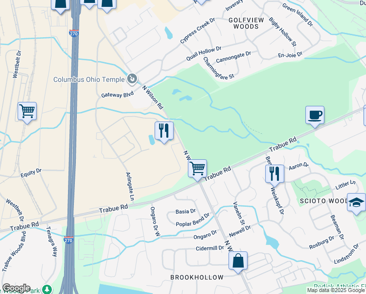map of restaurants, bars, coffee shops, grocery stores, and more near 1809 Wilson Road in Columbus