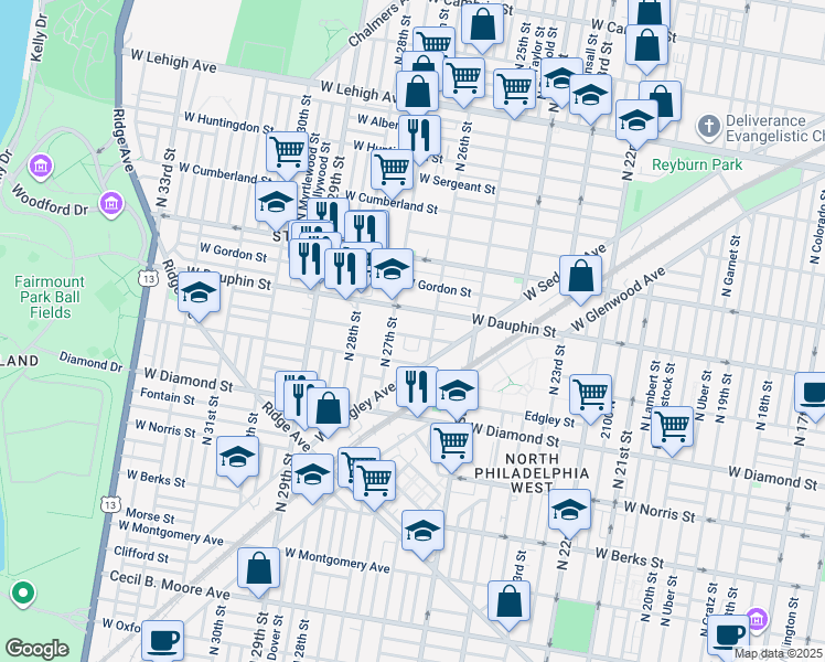 map of restaurants, bars, coffee shops, grocery stores, and more near 2613 West Fletcher Street in Philadelphia