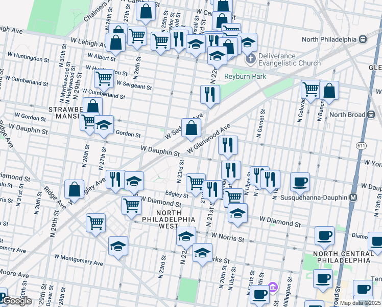 map of restaurants, bars, coffee shops, grocery stores, and more near 2223 Dauphin Street in Philadelphia