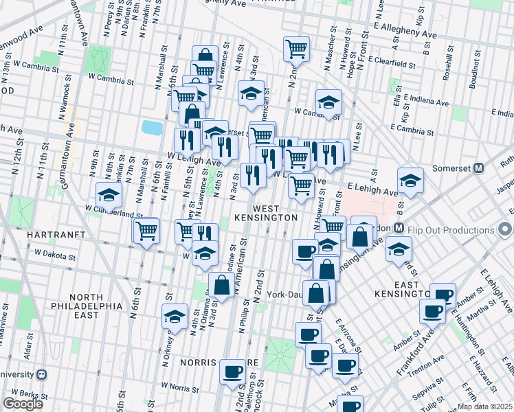 map of restaurants, bars, coffee shops, grocery stores, and more near 220 West Huntingdon Street in Philadelphia