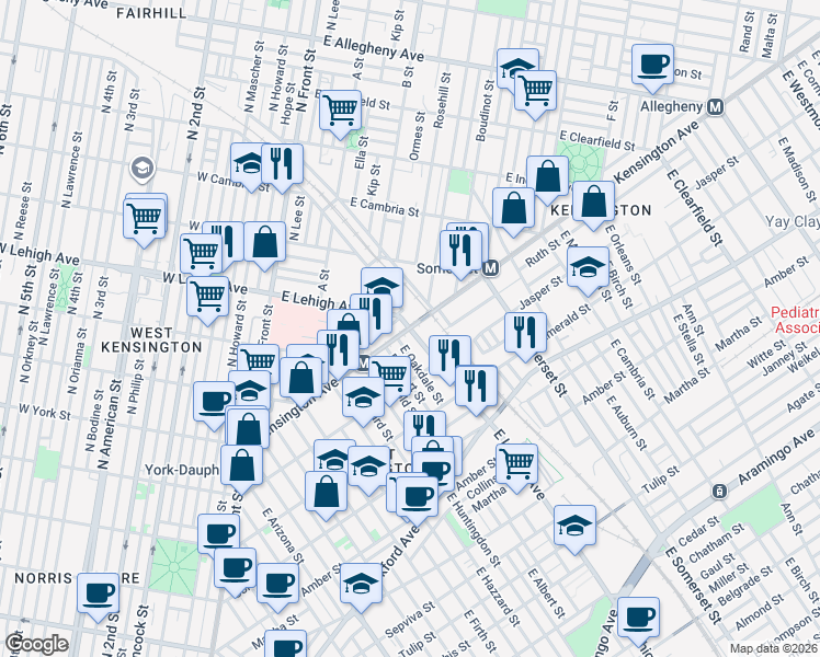 map of restaurants, bars, coffee shops, grocery stores, and more near Kensington Ave & E Lehigh Ave in Philadelphia