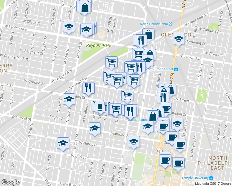 map of restaurants, bars, coffee shops, grocery stores, and more near 2350 North Cleveland Street in Philadelphia